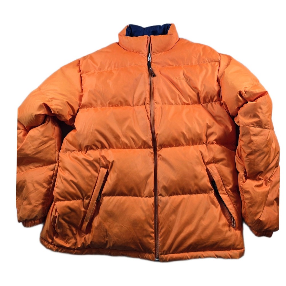 LL Bean Goose Down Puffer Jacket Mens XLT Reversible Orange Navy Super Puffy VTG